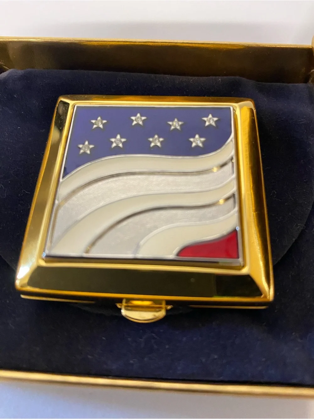 Estee Lauder Gold Compact with Red, White, Blue Enamel Flag Design